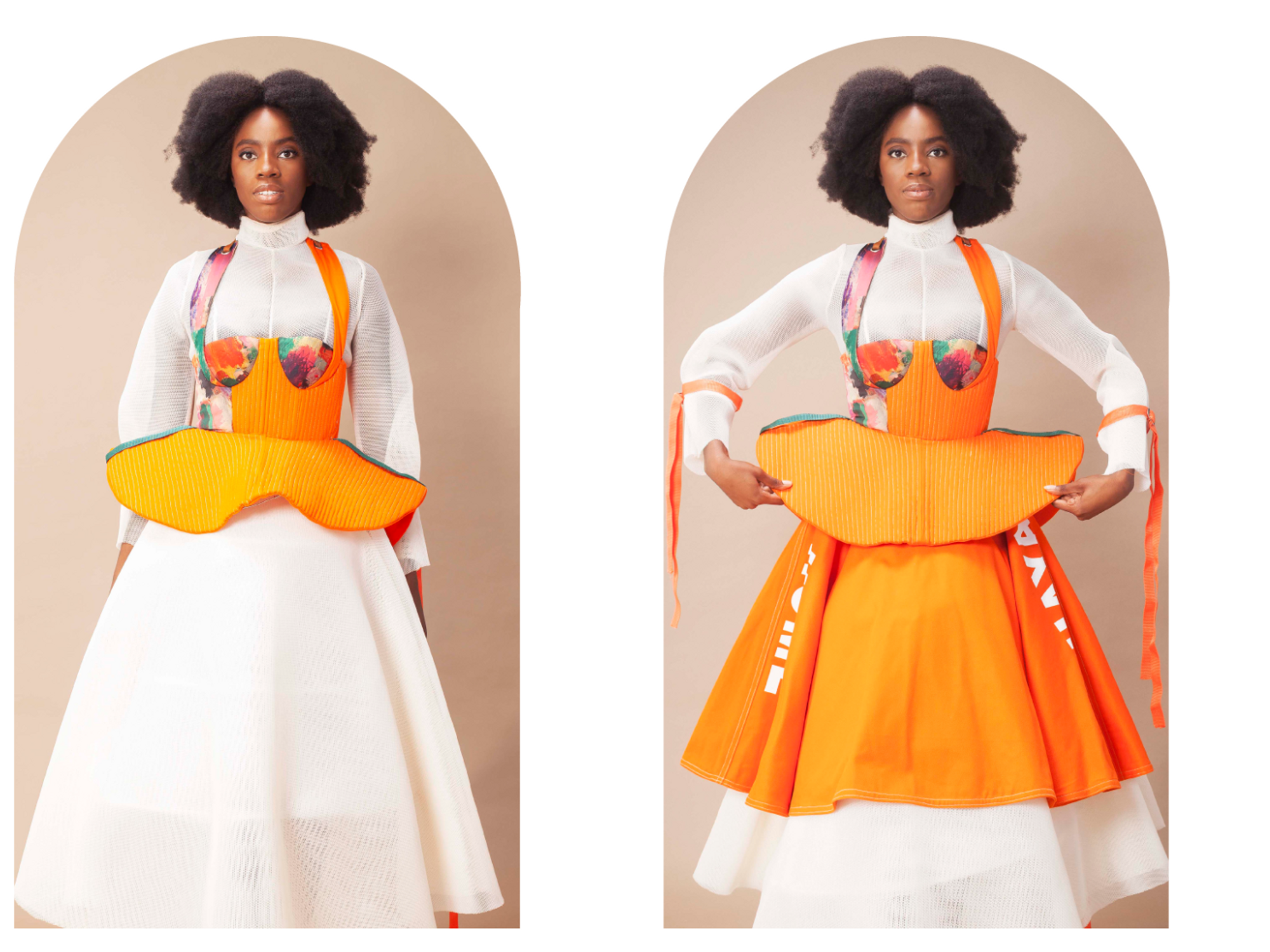 An image of an outfit from the fashion label Munkus, of a woman in a white dress with an orange skirt.