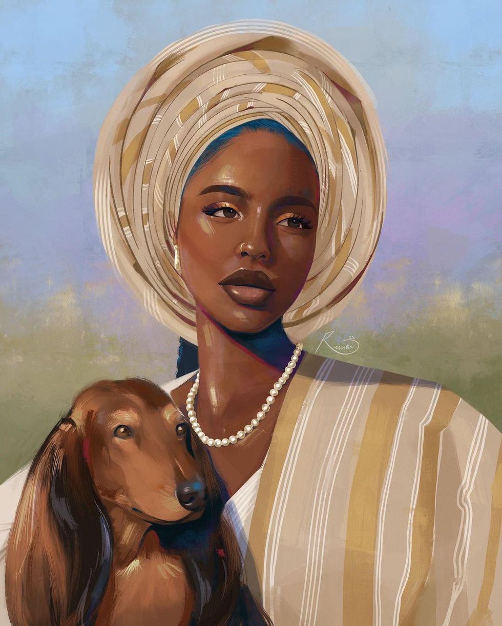 An image of Renike Olusanya's artwork featuring a woman and a dog.