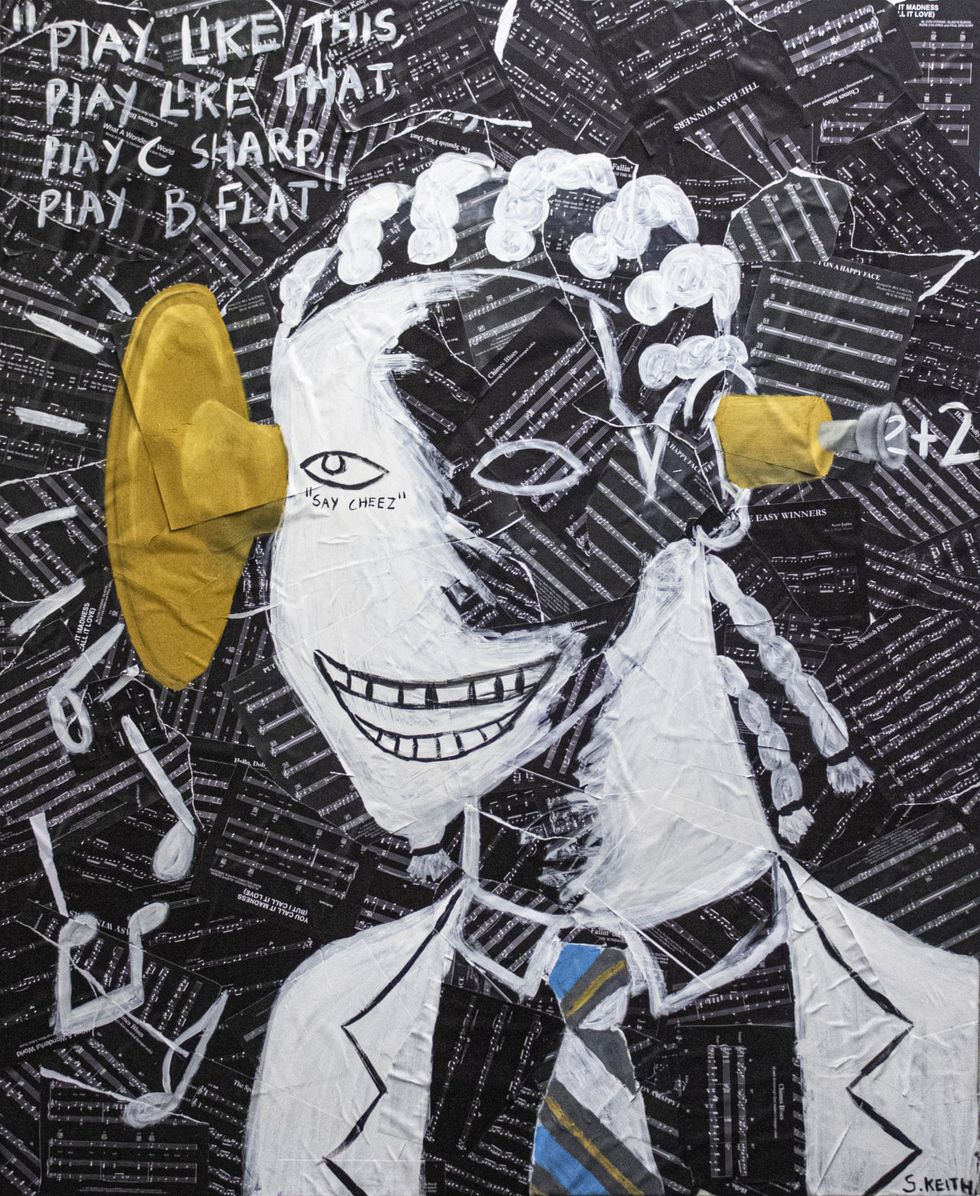 An image of Shaquille-Aaron Keith's artwork which features a black and white figure profile with a golden horn sticking out through his ear.