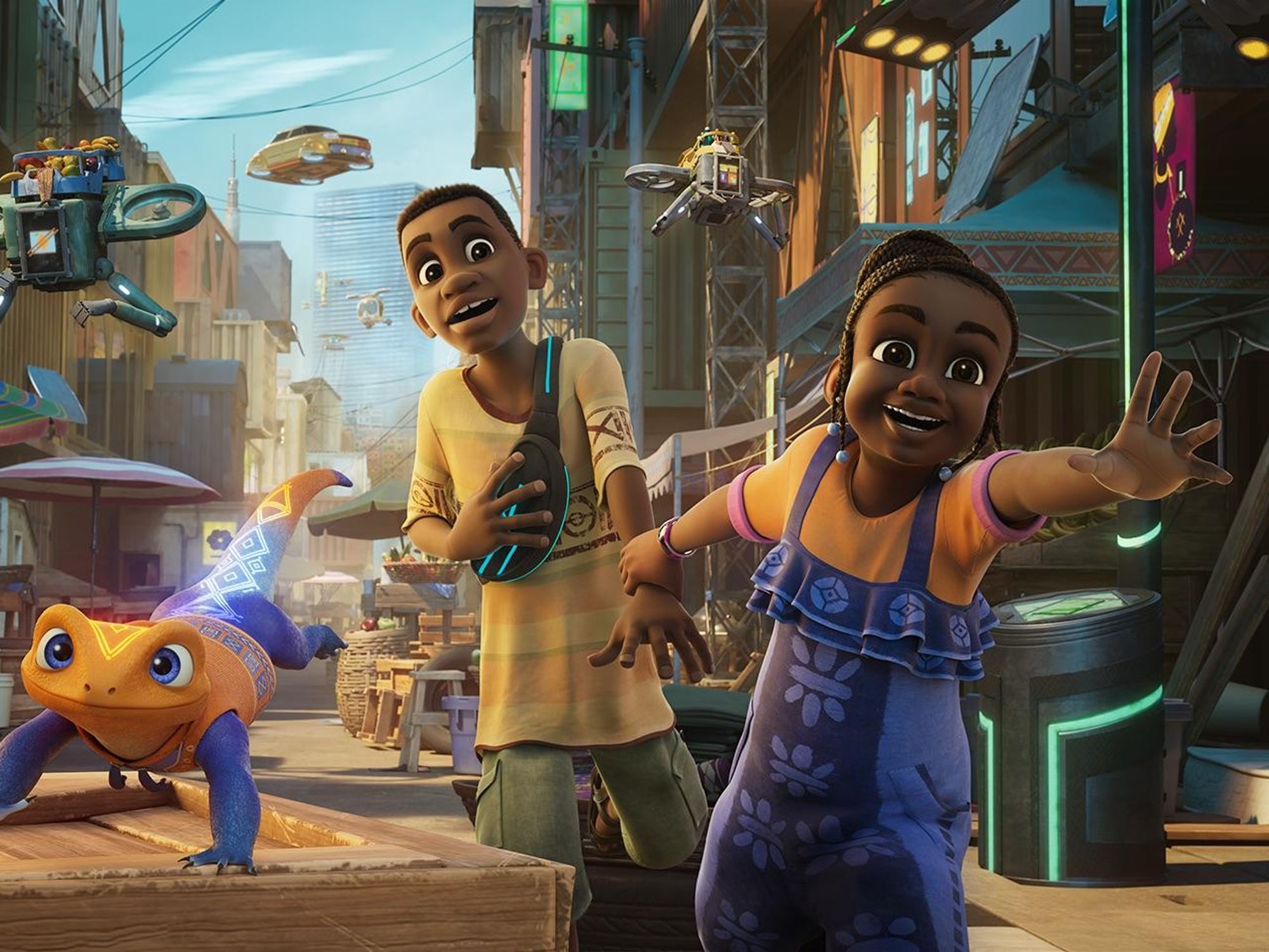 An image of the animated series Iwaju, of a girl grabbing a boy's hand to lead him somewhere, with an electric gecko standing next to them.
