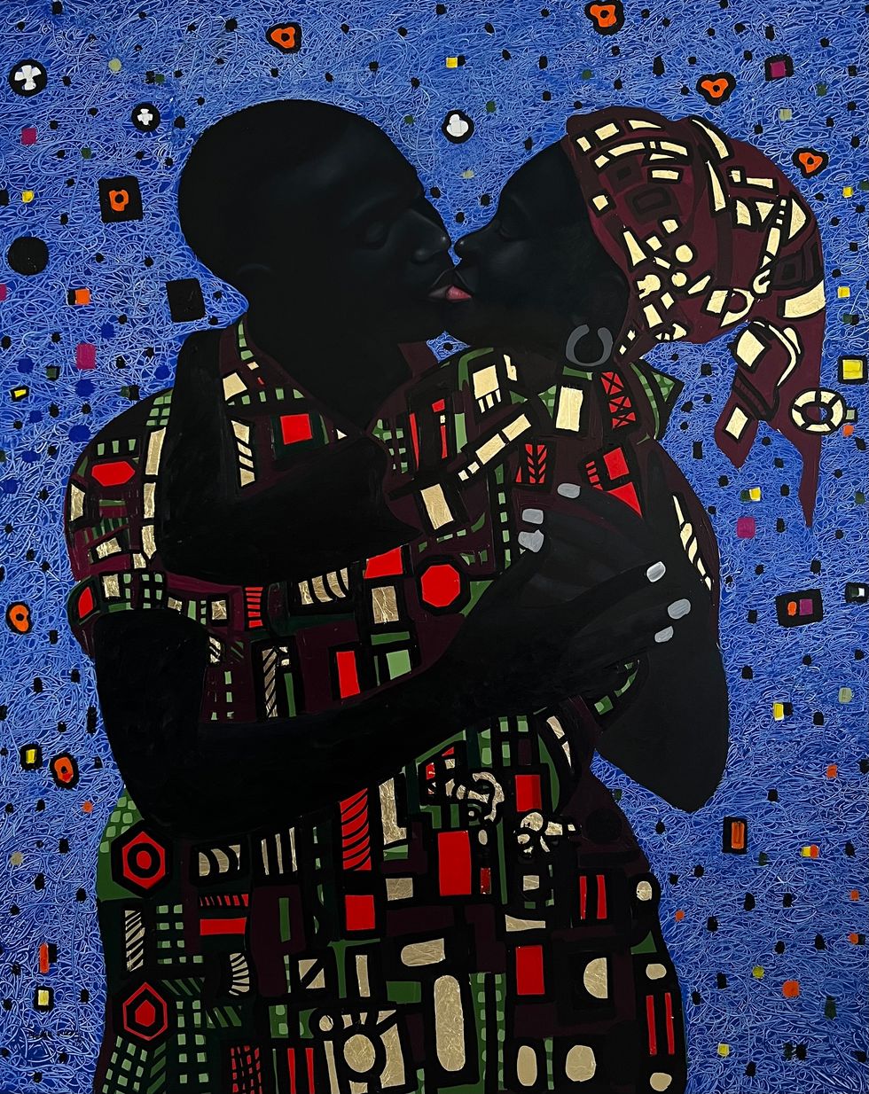 An image of the artist Nedia Were's The Kissing Couple, which features two black figures kissing against a vibrant blue and red background.