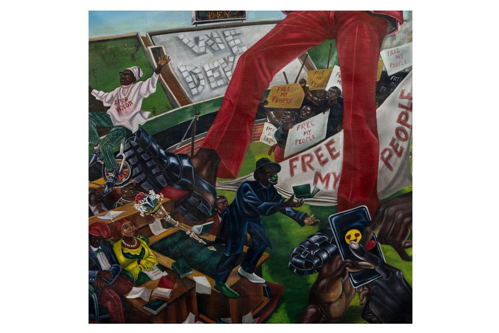 An image of the artwork which features a scene of large feet and people in protest.