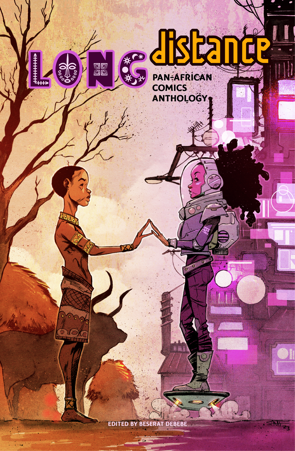 An image of the comic book anthology's cover of two people, one is a rural person, the other a more futuristic one.
