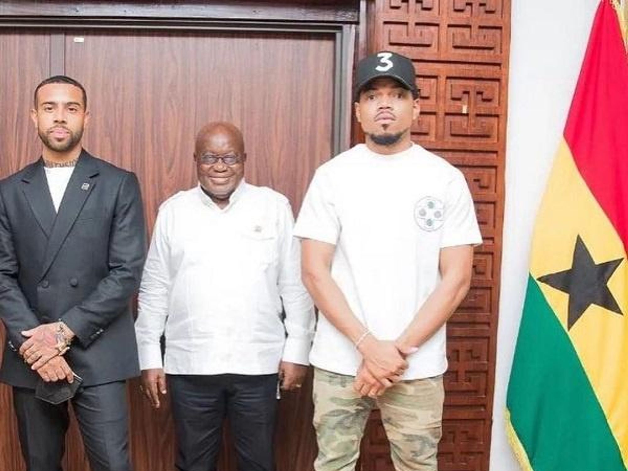 An image of the Ghanaian president with Chance the Rapper and Vic Mensa