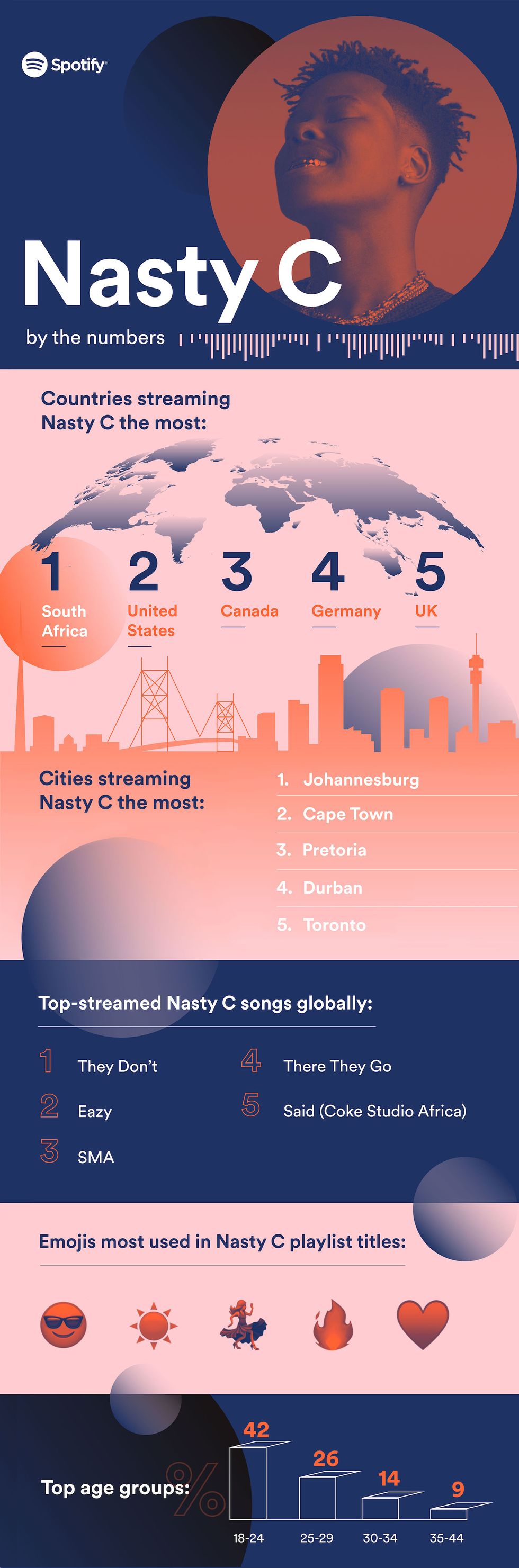 An infographic showing some interesting stats on Nasty C based on activity on Spotify. 