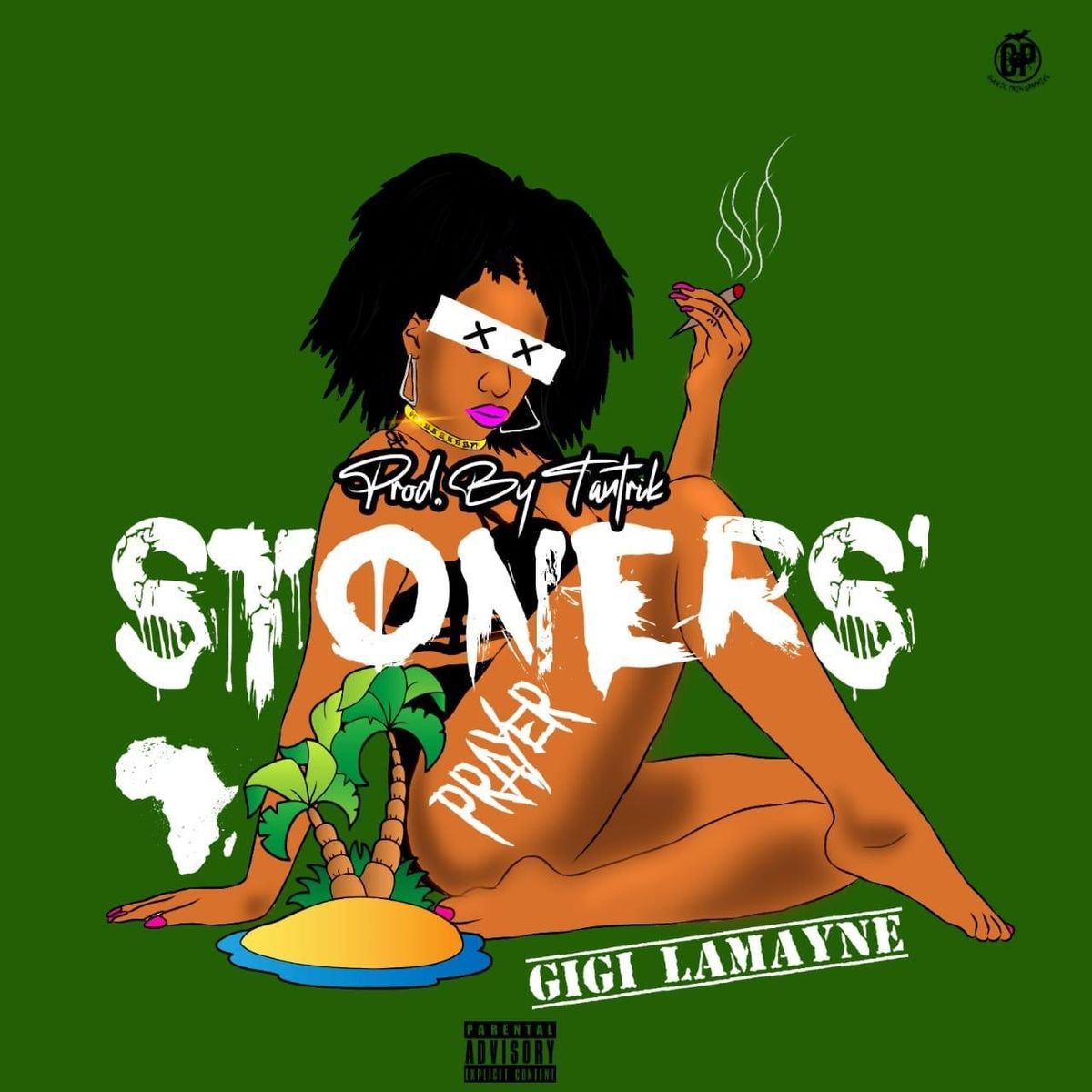 Artwork for Gigi Lamayne's new single: an illustration of Gigi Lamayne smoking pot with floating text.