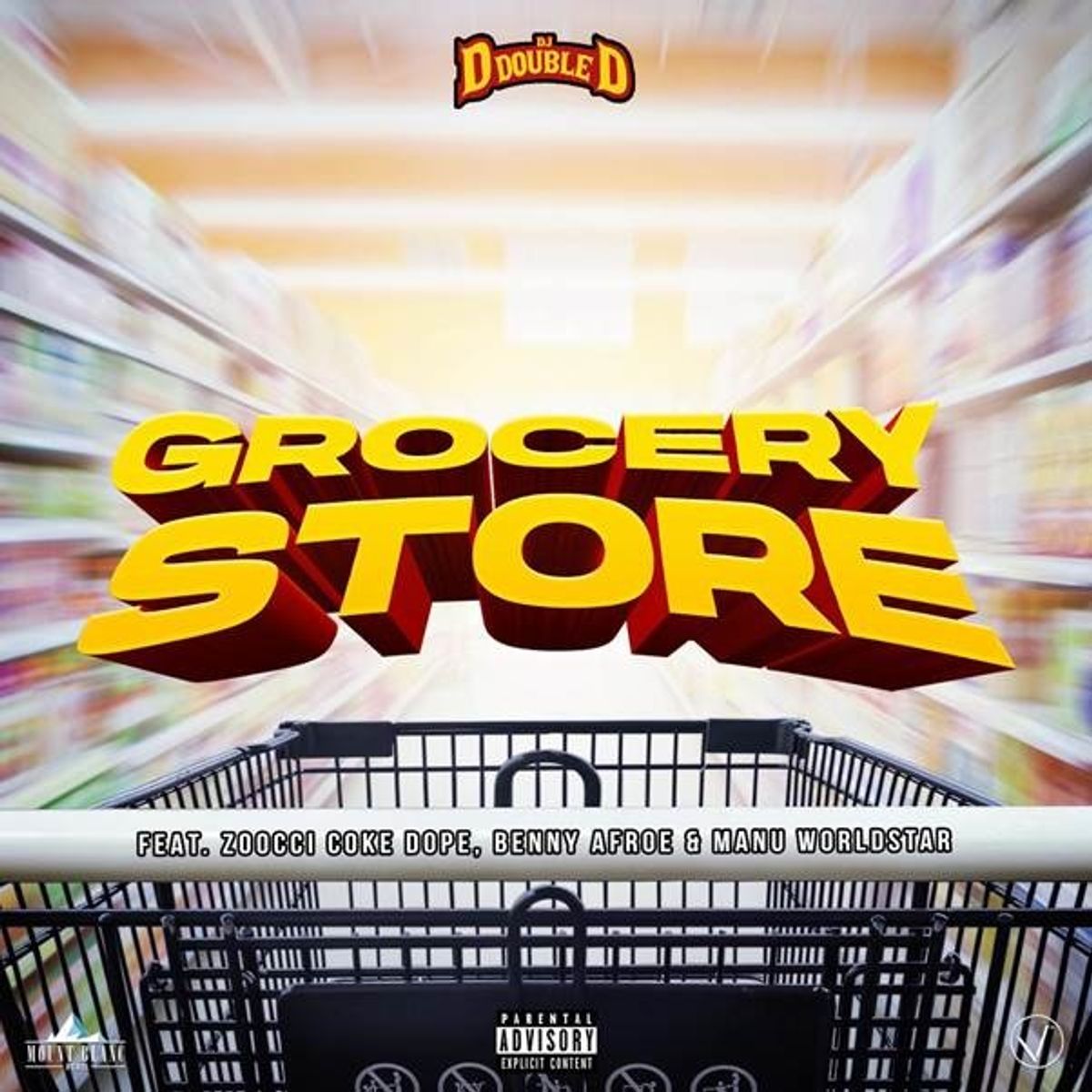 Artwork for "Grocery Store":A POV image of a shopping cart with floating text. 
