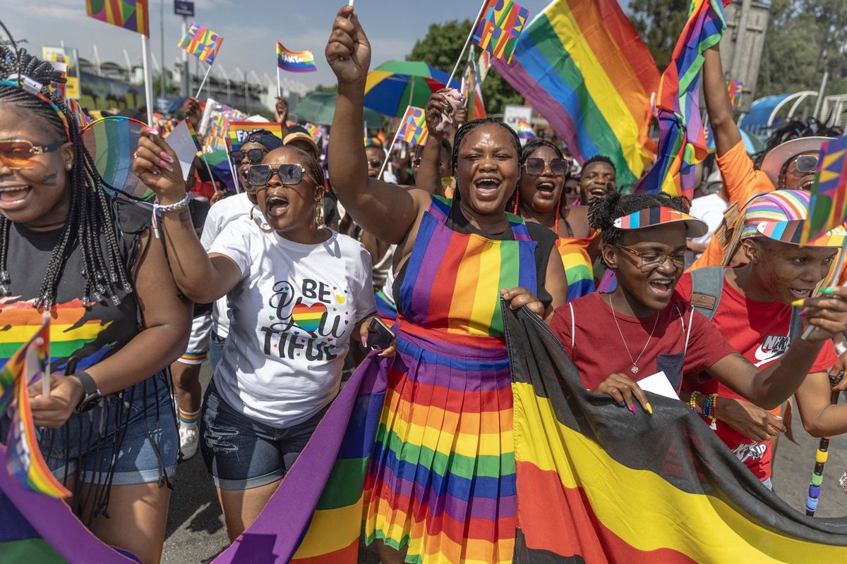Attendees sing while taking part during the Johannesburg Pride Parade on October 28, 2023. 