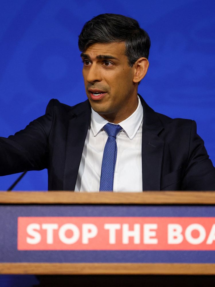 British Prime Minister Rishi Sunak gestures as he speaks during a press conference at Downing Street on April 22, 2024 in London, England.