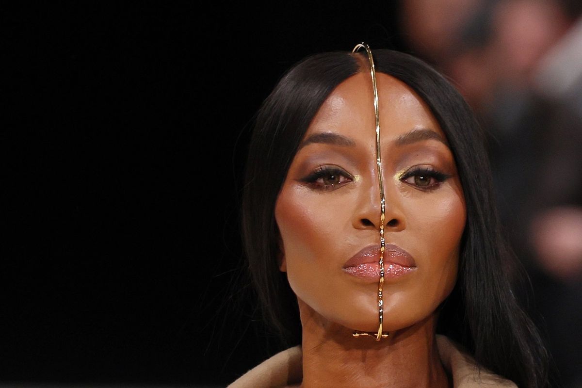 British supermodel Naomi Campbell wearing the controversial face jewelry for Balmain Menswear Ready-to-wear Fall-Winter 2024/2025 collection shown as part of the Paris Fashion Week, at the Grande Halle de la Villette in Paris on January 20, 2024.