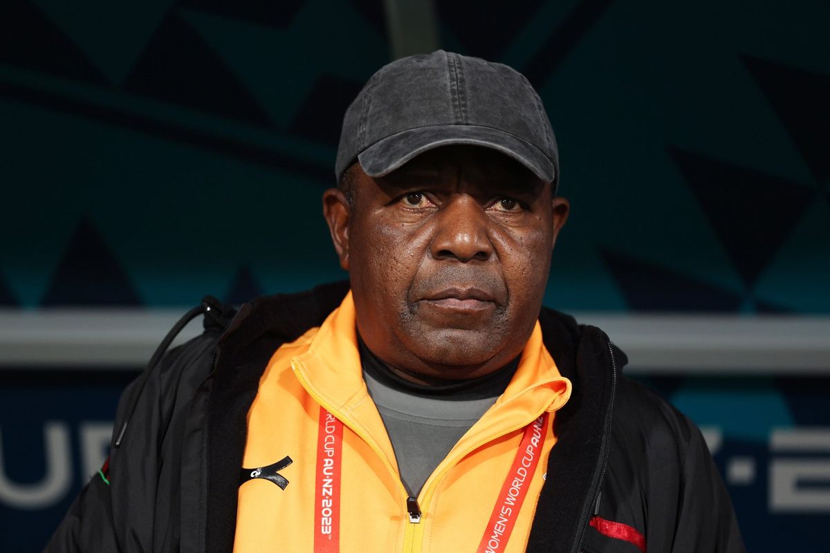 Bruce Mwape, Head Coach of Zambia, looks on prior to the FIFA Women's World Cup Australia & New Zealand 2023 Group C match between Costa Rica and Zambia at Waikato Stadium on July 31, 2023 in Hamilton, New Zealand. 
