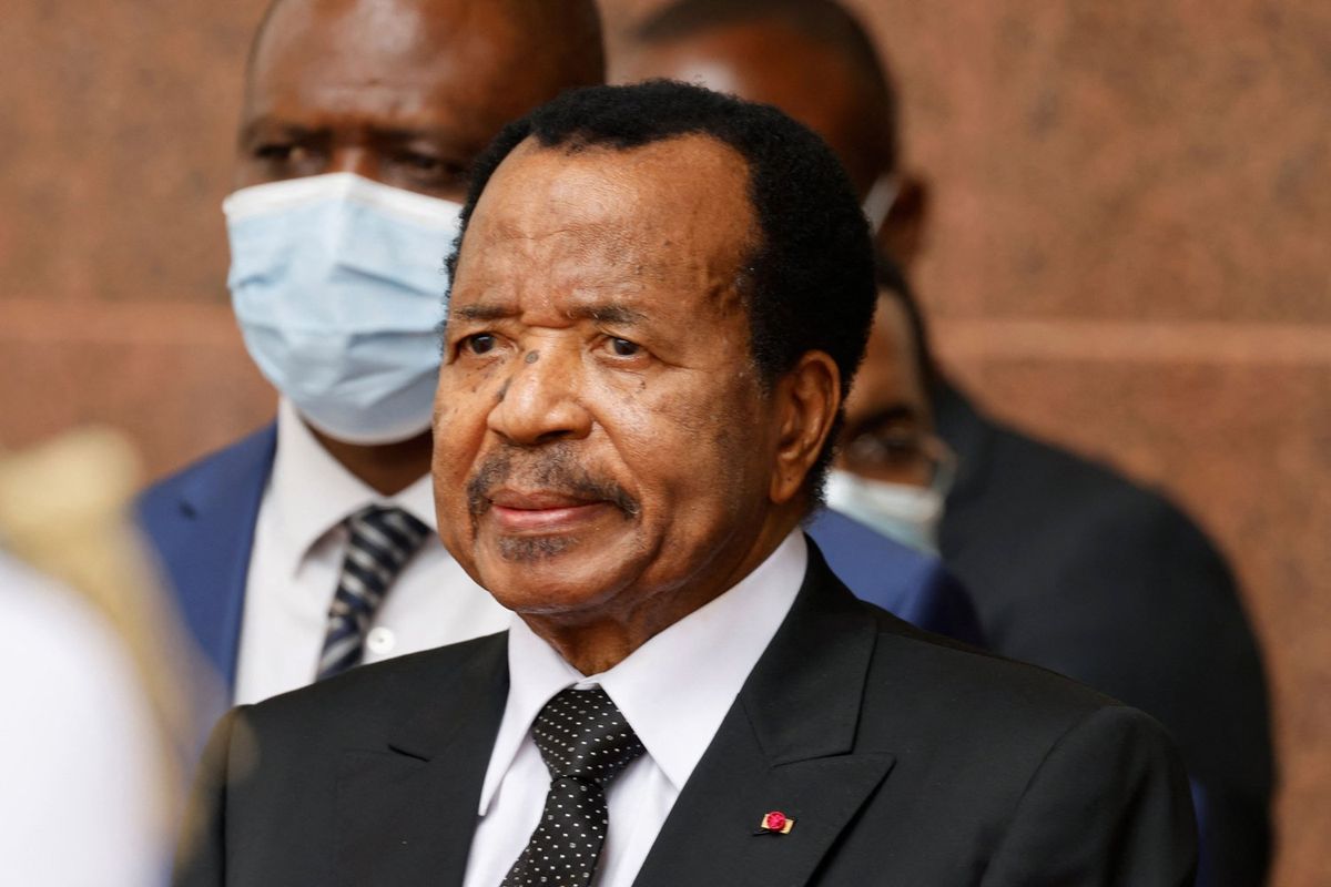 Cameroon's President Paul Biya waits for the arrival of France's President Emmanuel Macron (unseen) for talks at the Presidential Palace in Yaounde, on July 26, 2022. - Emmanuel Macron in on a three-day African tour in Cameroon, Benin and Guinea-Bissau.