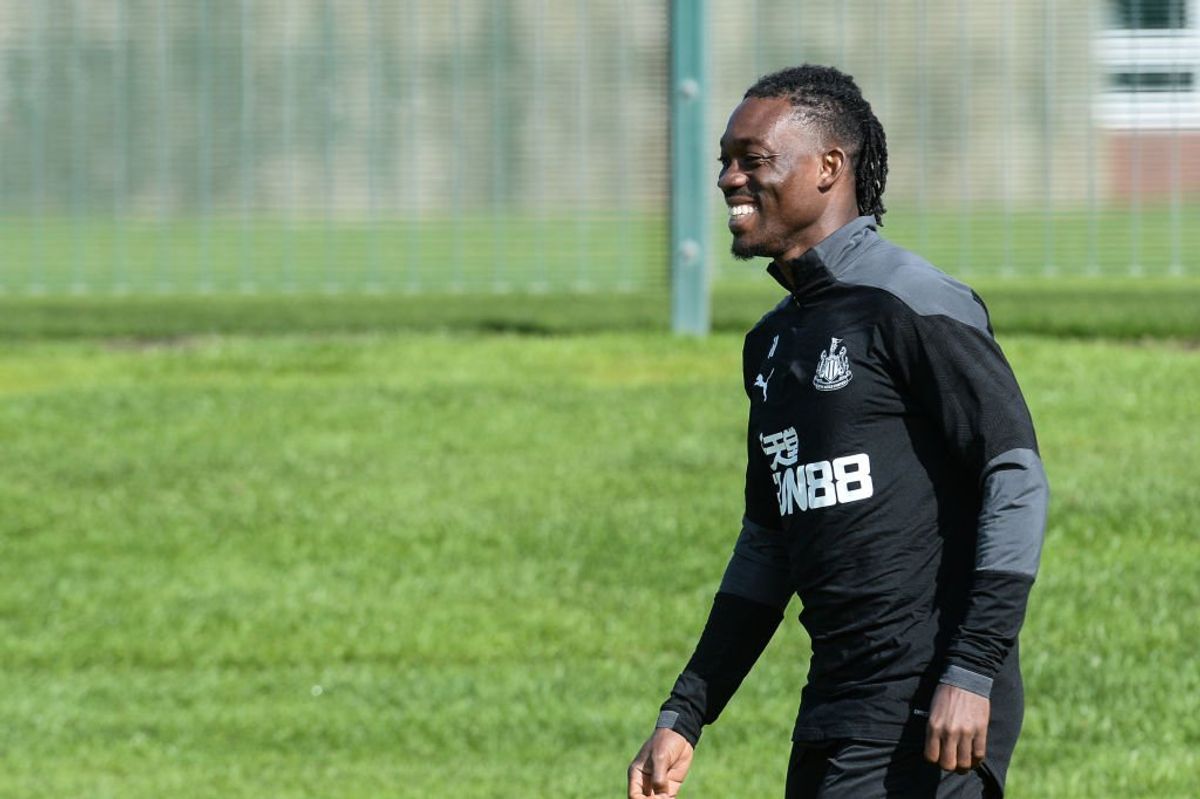 christian atsu smiles during training at newcatle united
