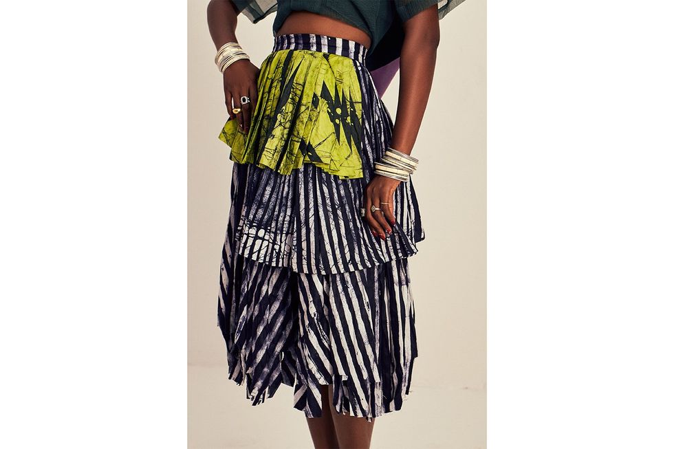 Closer view of the adire layered and pleated skirt