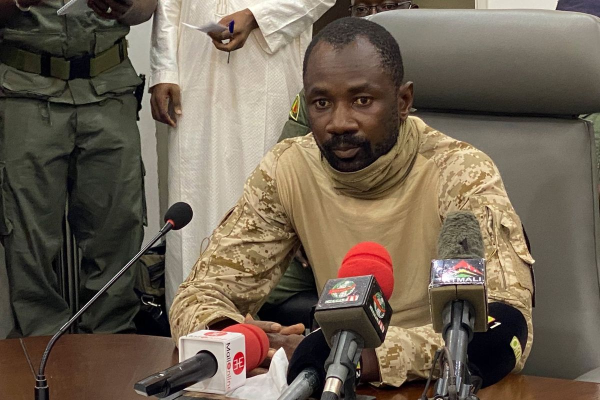 Colonel Assimi Goita speaks to the press at the Malian Ministry of Defence in Bamako, Mali, on August 19, 2020 after confirming his position as the president of the National Committee for the Salvation of the People (CNSP).