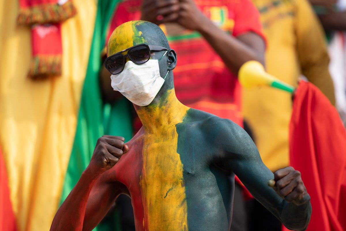 Colourful Guinea fans during the Group B Africa Cup of Nations (CAN) 2021 match between Zimbabwe and Guinea at Stade Ahmadou Ahidjo in Yaounde on January 18, 2022. 