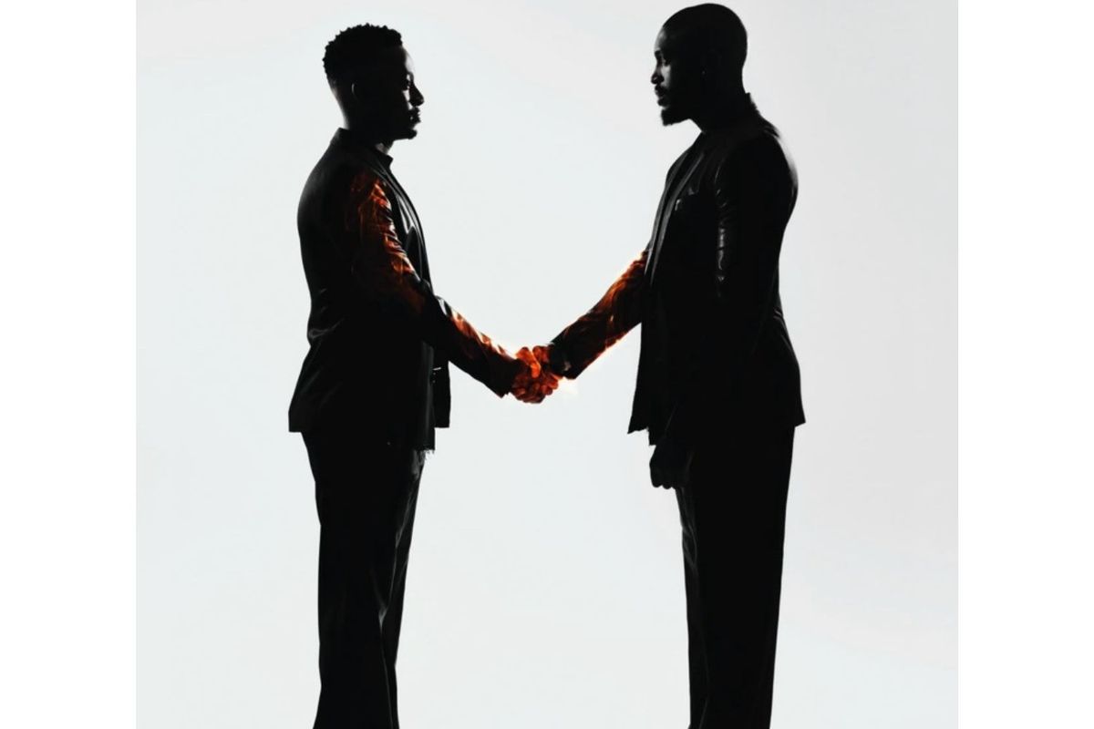 Daliwonga and Mas Musiq shake hands in a promo image for their latest collaborative album.