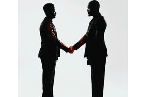 Daliwonga and Mas Musiq shake hands in a promo image for their latest collaborative album.