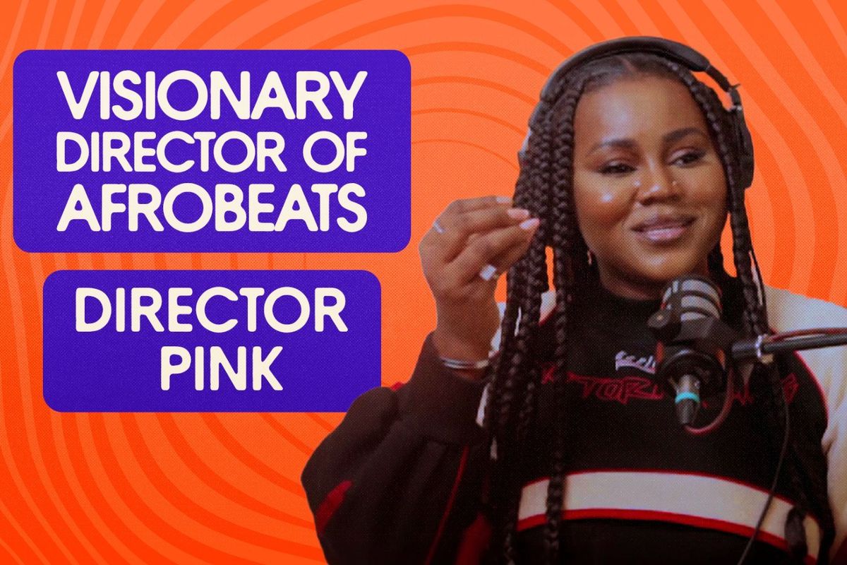 Director Pink speaks into a microphone while wearing headphones. The image has an orange wavy background with text on the side that reads: “Visionary Director of Afrobeats – Director Pink.”