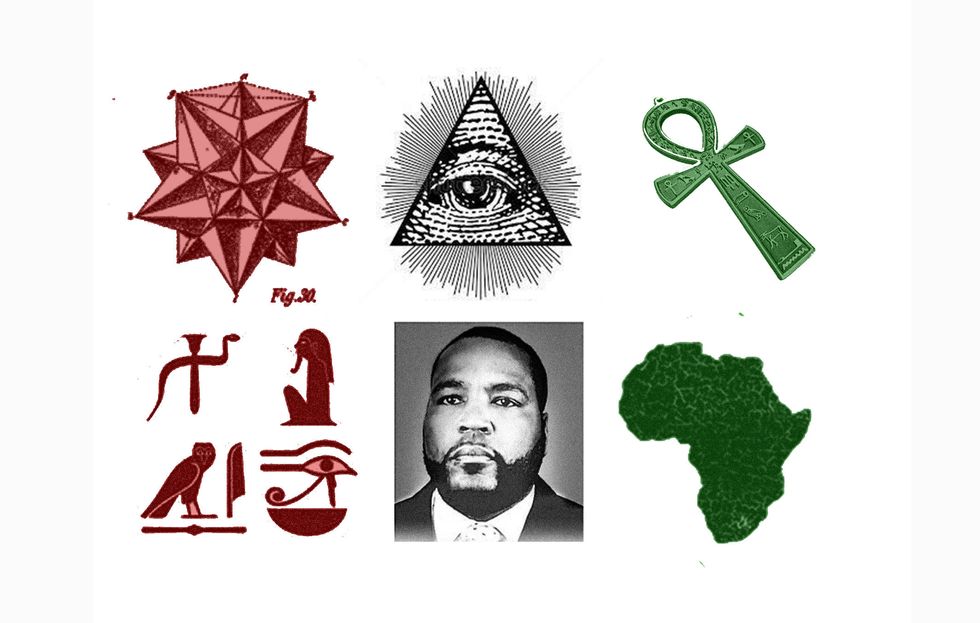 Dr Umar photo alongside Egyptian hieroglyphics, an ankh, the illuminati symbol and a map of Africa.