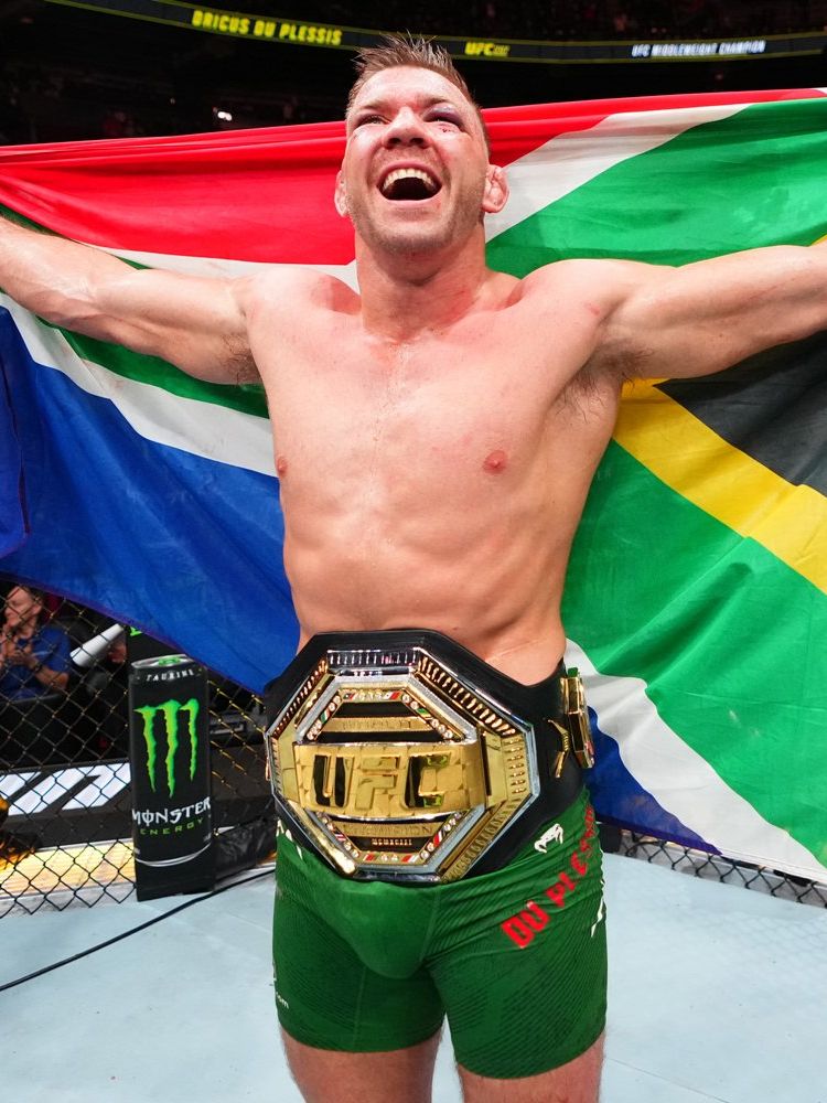 Dricus Du Plessis of South Africa reacts after his victory against Sean Strickland in a UFC middleweight championship bout on January 20, 2024 in Toronto, Ontario. 