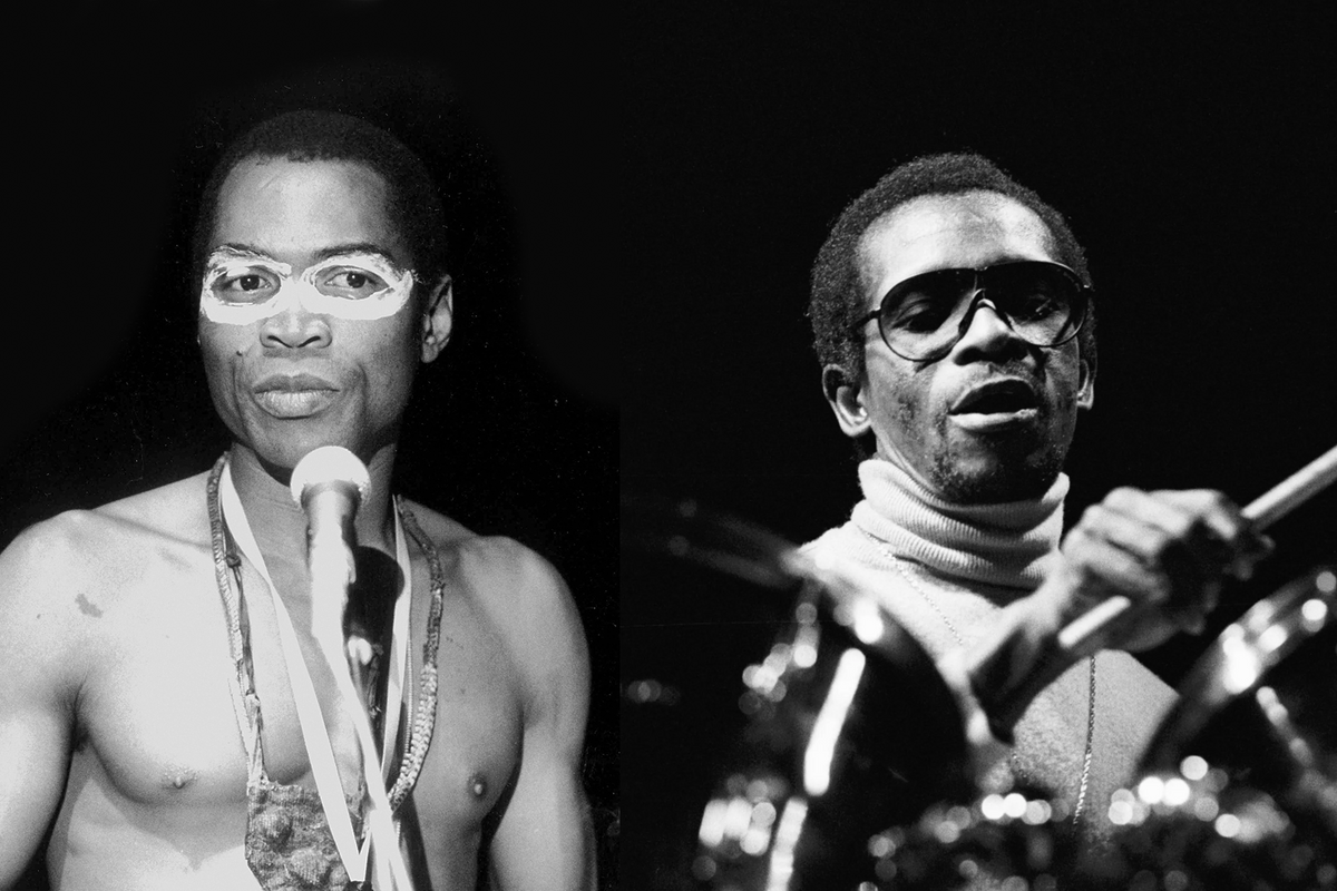 Fela Kuti and Tony Allen archive photos in black and white.