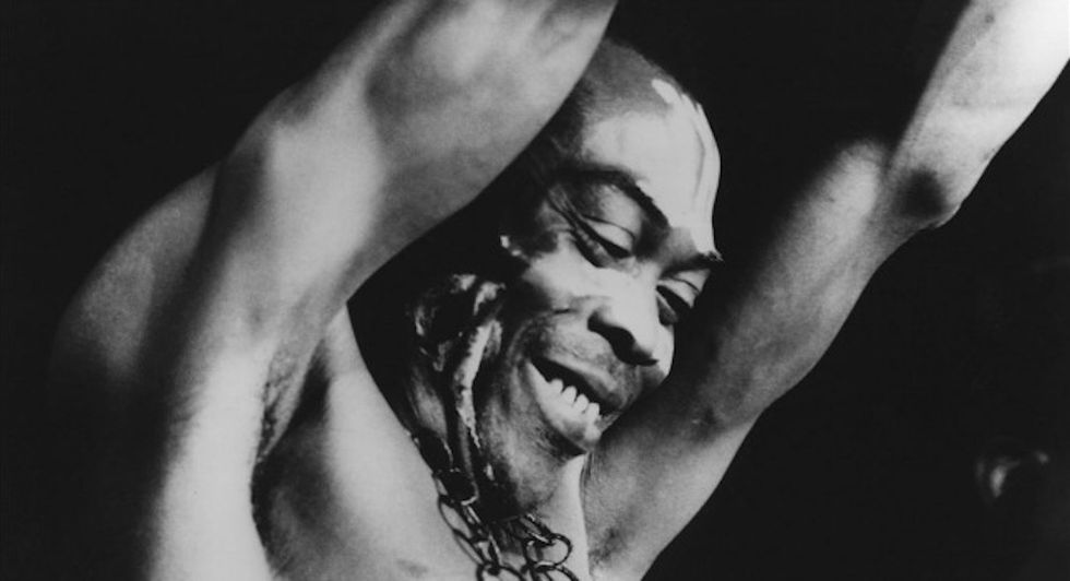 Fela Kuti celebrates on stage at the Shrine, Lagos.