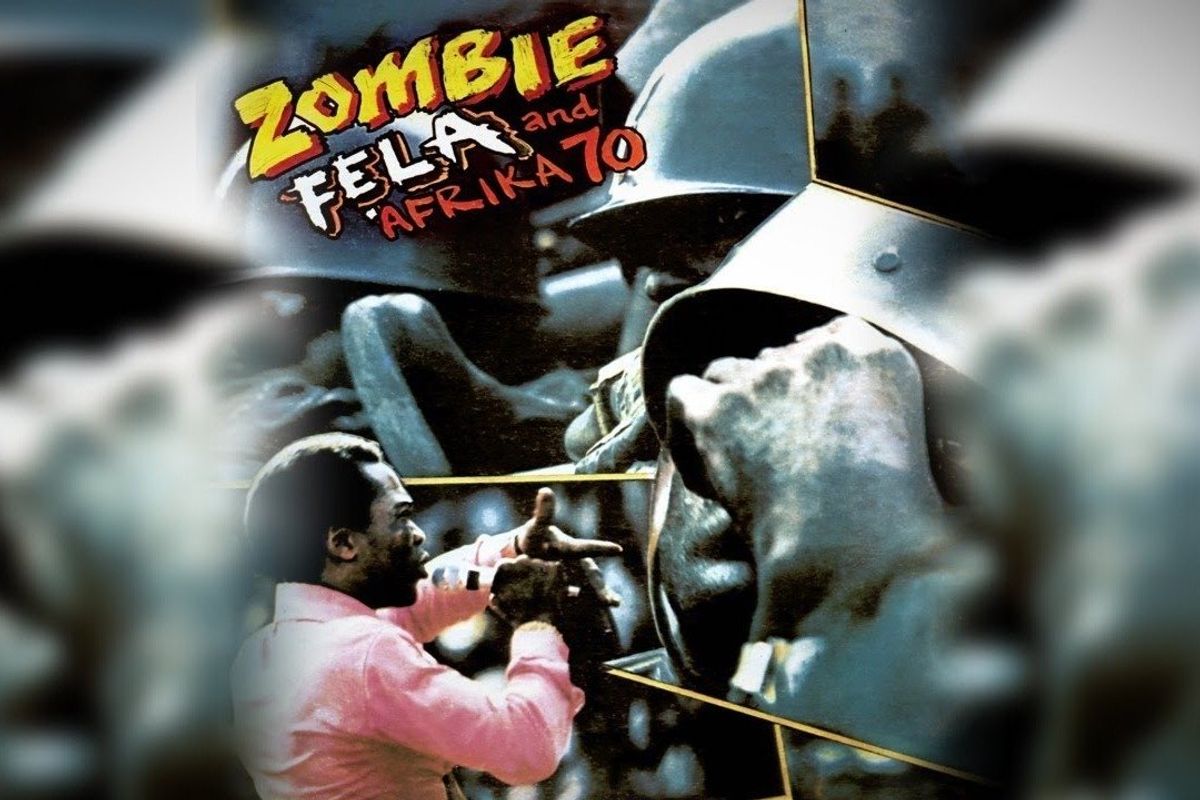 fela kuti stands in front of soldiers in the Zombie album cover art 