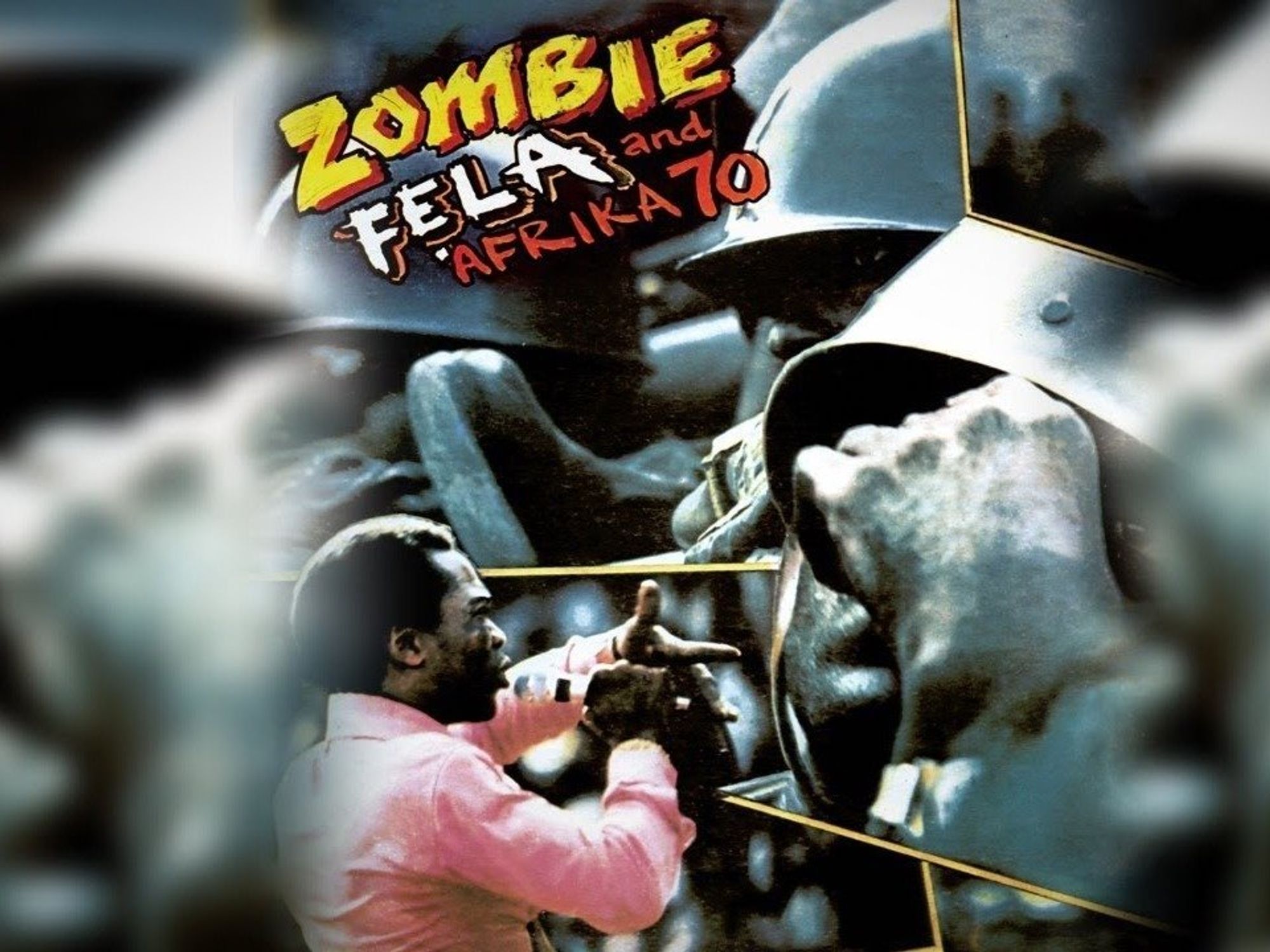 fela kuti stands in front of soldiers in the Zombie album cover art 