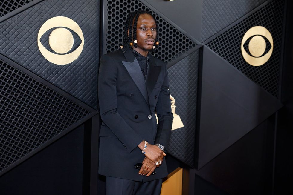 Fireboy DML arrives on the Red Carpet at the Crypto.com Arena in Los Angeles, CA, Sunday, Feb. 4, 2024. (Allen J. Schaben / Los Angeles Times via Getty Images).