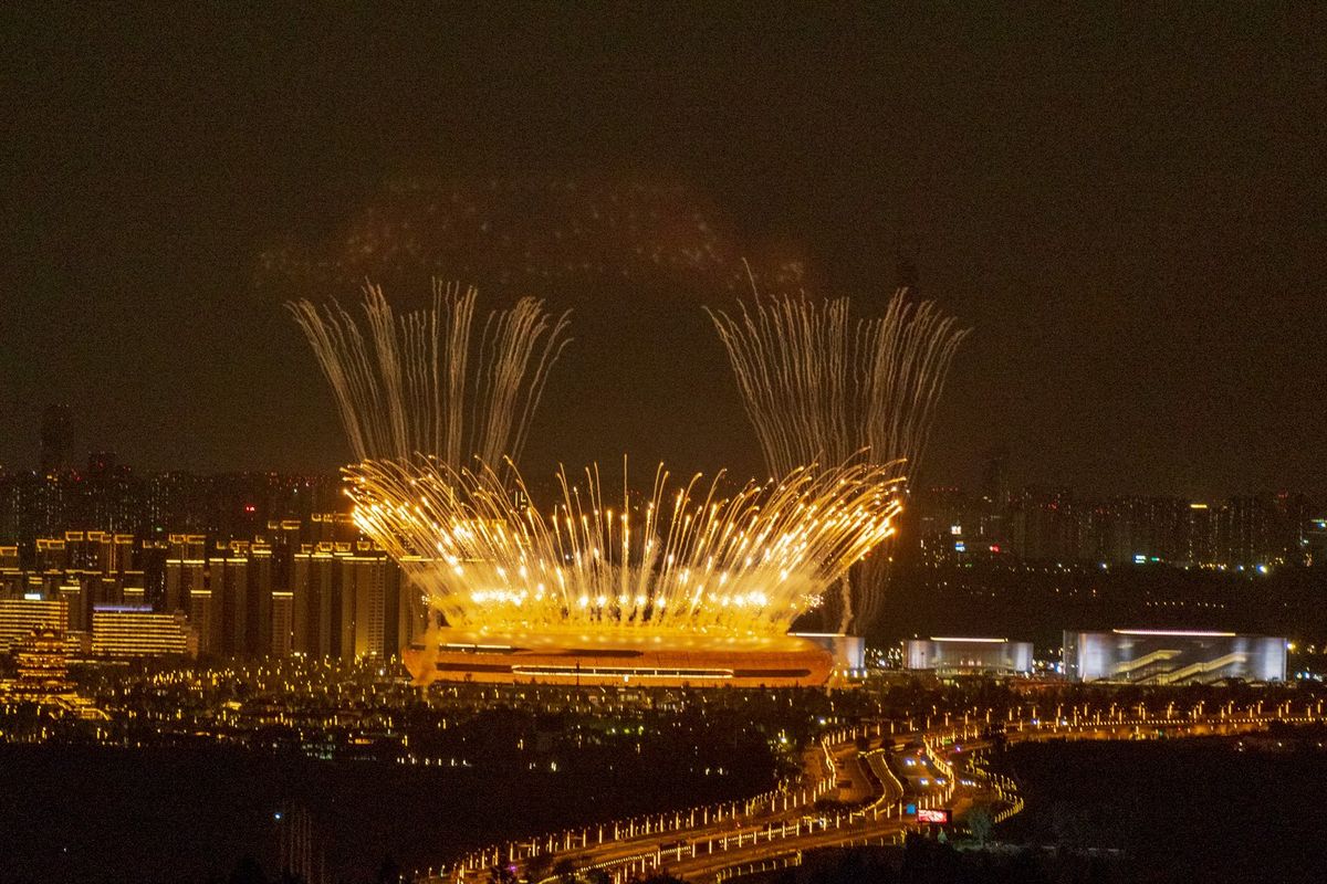 Fireworks explode during opening ceremony of the 31st FISU Summer World University Games at Dong'an Lake Sports Park Stadium on July 28, 2023 in Chengdu, Sichuan Province of China.
