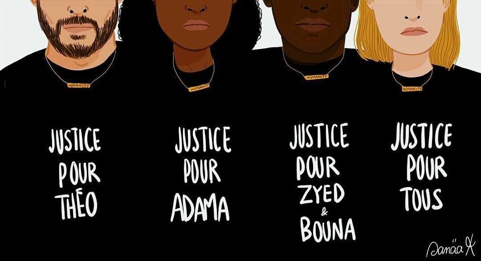 French Black Lives Matter movement "Justice pour Theo" and "Justice pour Adama" t-shirts illustration.