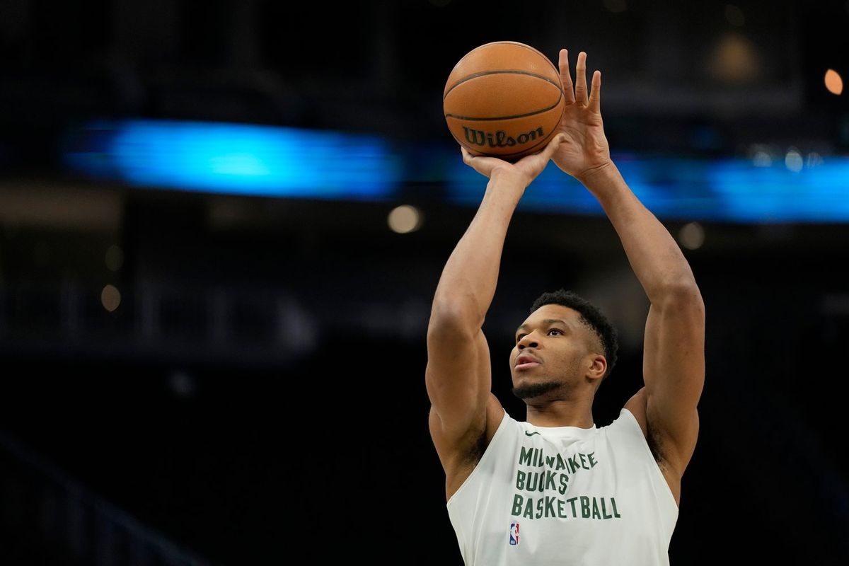 Giannis Antetokounmpo #34 of the Milwaukee Bucks warms up before a game against the Golden State Warriors at Fiserv Forum on January 13, 2024 in Milwaukee, Wisconsin. 