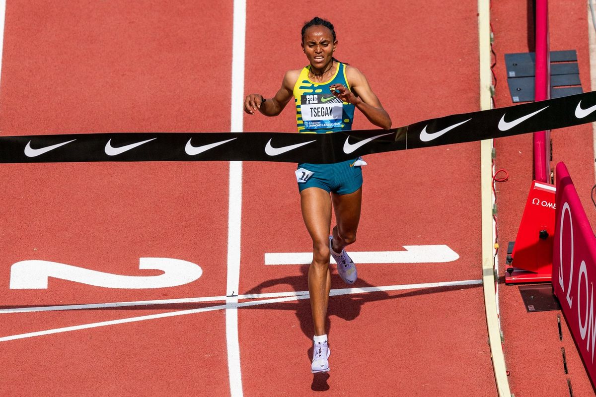 Gudaf Tsegay of Ethiopia wins the Women's 5000m during the 2023 Prefontaine Classic and Wanda Diamond League Final at Hayward Field on September 17, 2023 in Eugene, Oregon. 