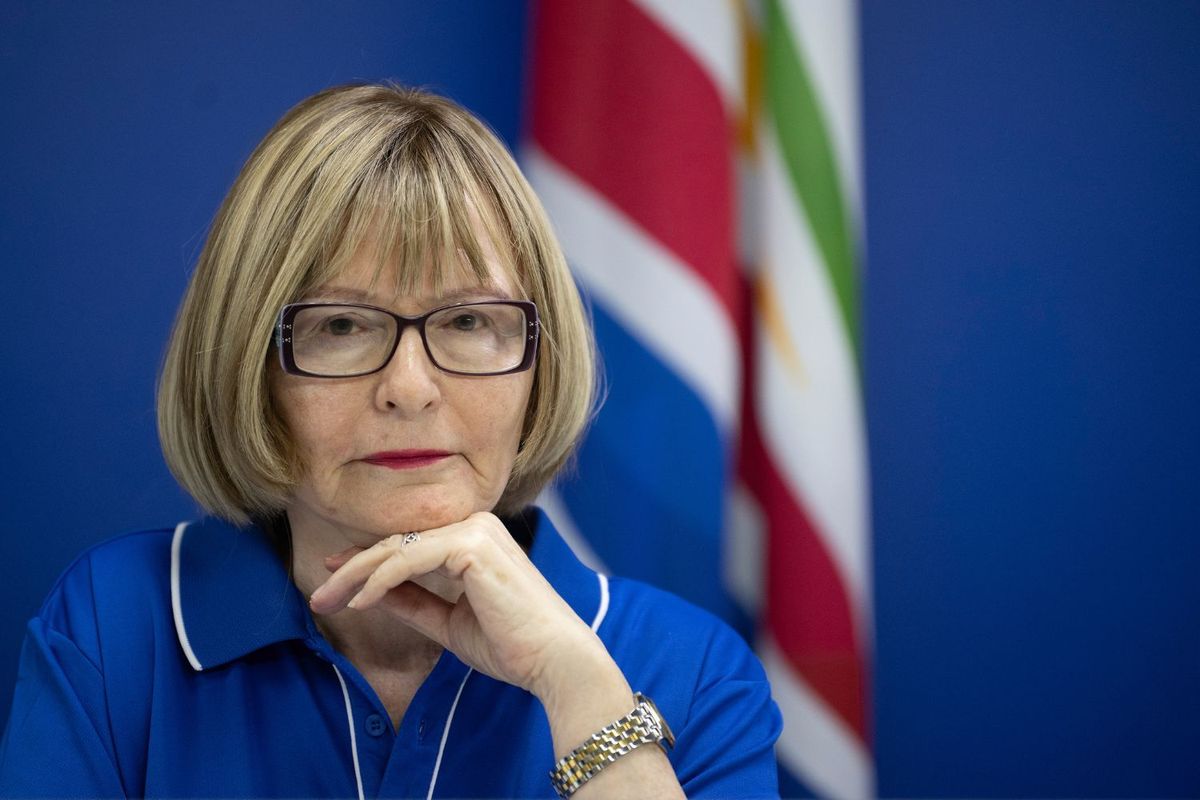 Helen Zille in a contemplative pose with Democratic Alliance flags in the background