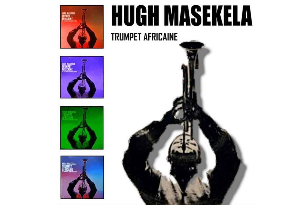 Hugh Masekela’s cover for Trumpet Africanaine features the South African artist playing the trumpet, alongside four other color frames.