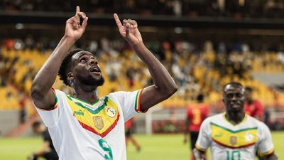 Senegal's Boulaye Dia celebrates scoring his team's fourth goal during the 2023 Africa Cup of Nations Group L qualifier match between Senegal and Mozambique.