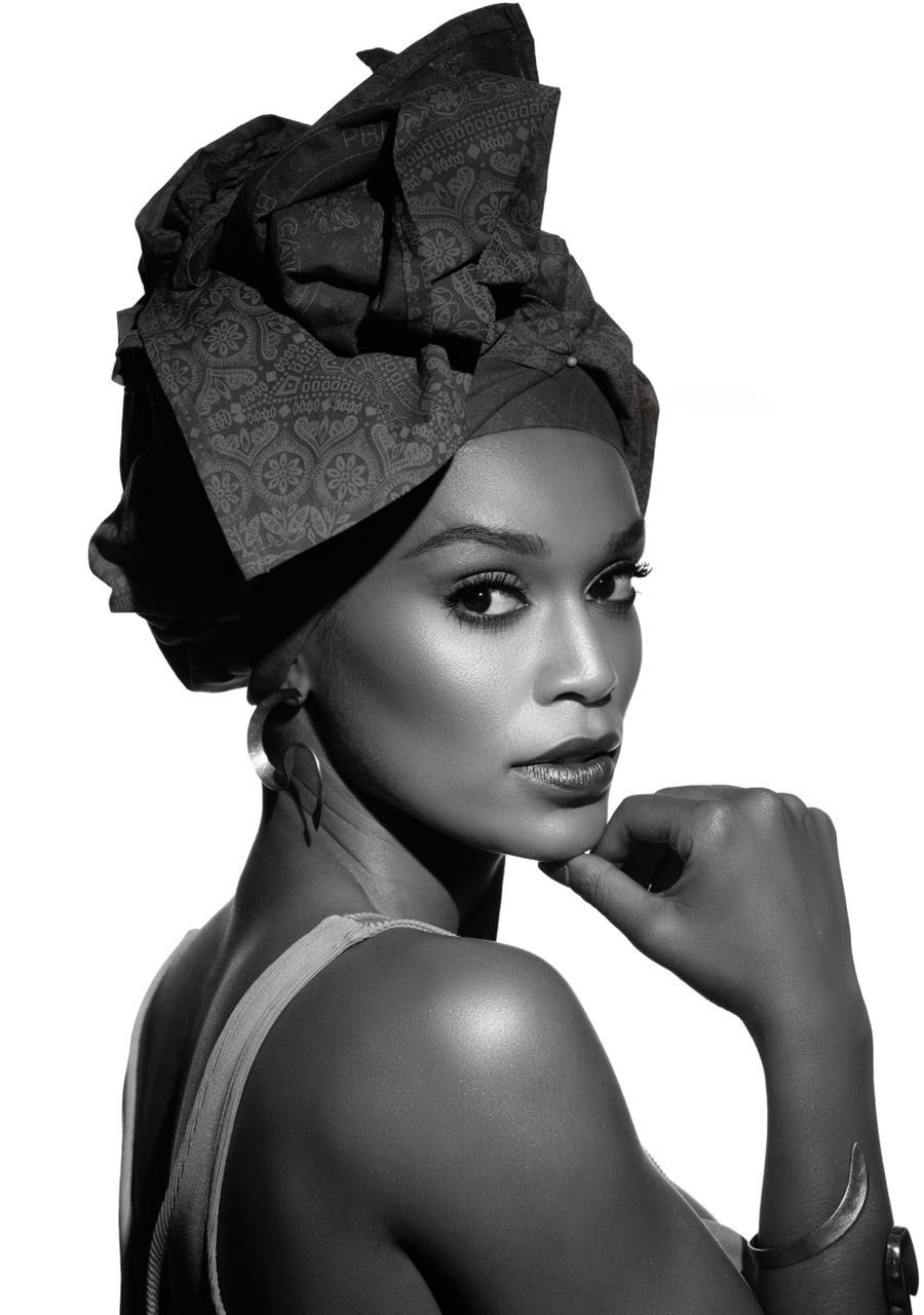 Pearl Thusi portrait in black and white.