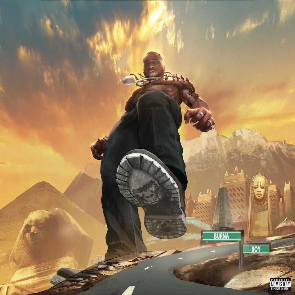 The cover of Burna Boy's 'Twice As Tall' album, showing him as a giant with one foot on the road. 