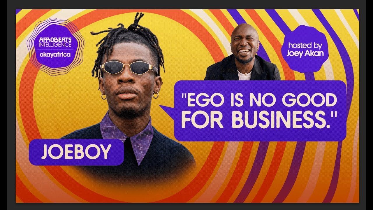Promotional graphic for the 'Afrobeats Intelligence' podcast presented by OkayAfrica featuring Joeboy and Joey Akan.