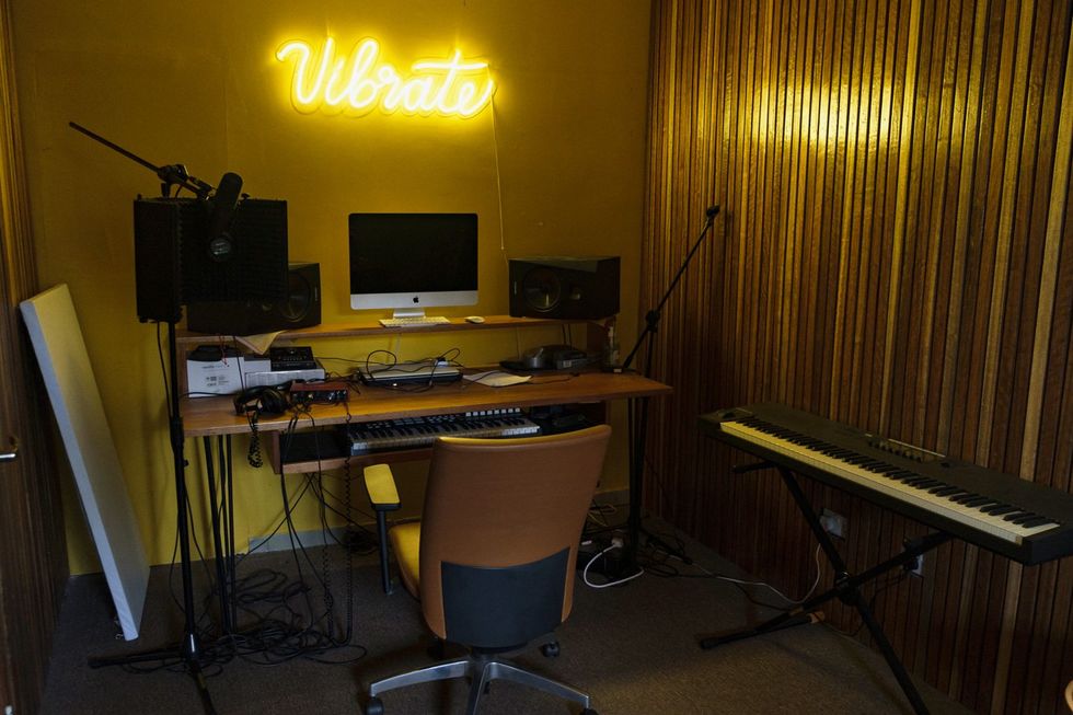 Interior of the Vibrate studio supported by Spotify at the freedom skatepark in Accra
