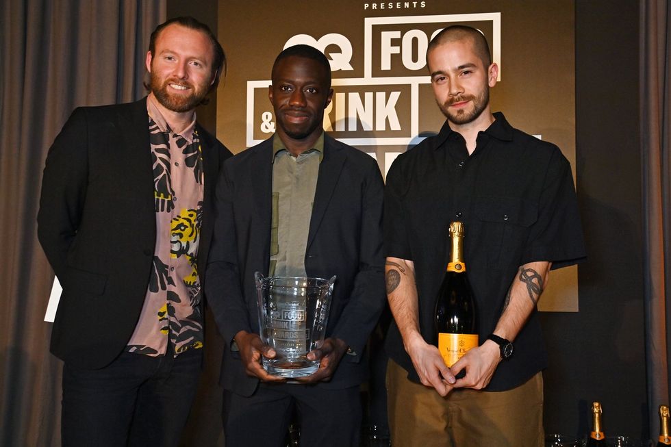 Ir\u00e9 Hassan-Odukale, Mike Mike Christensen and Jeremy Chan, accepting the Editor's Special Award on behalf of Ikoyi at the GQ Food & Drink Awards 2023 at the St Pancras Renaissance Hotel on April 5, 2023 in London, England.
