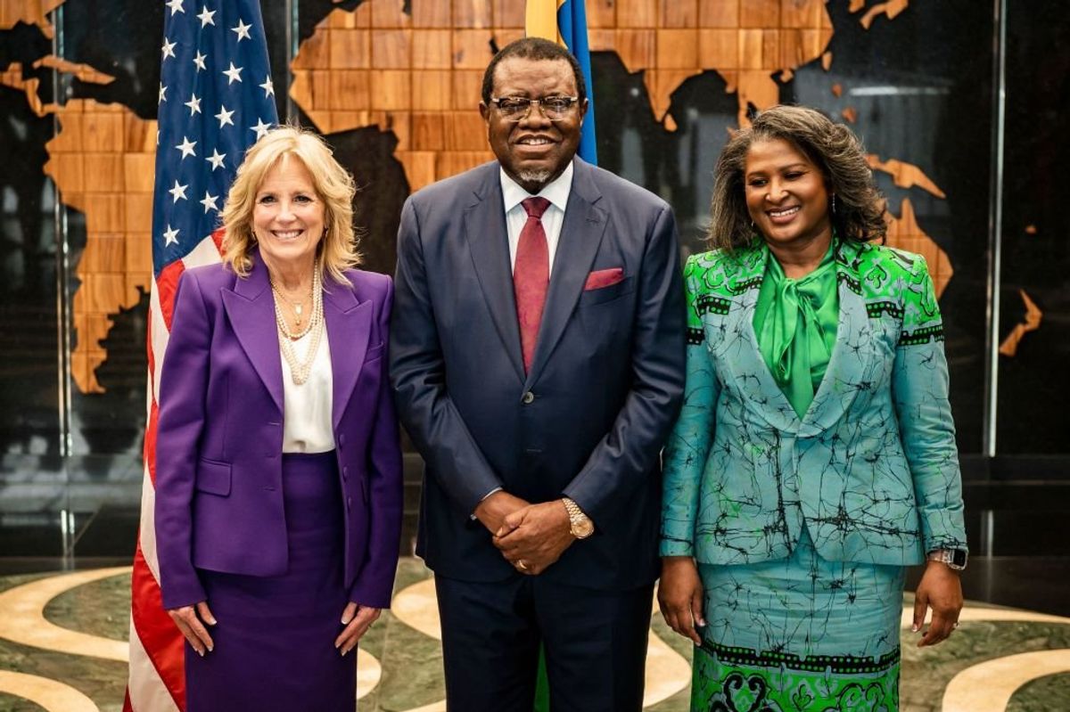 Jill Biden in purple suit with Hage Geingob and Namibia's First Lady Monica Geingos