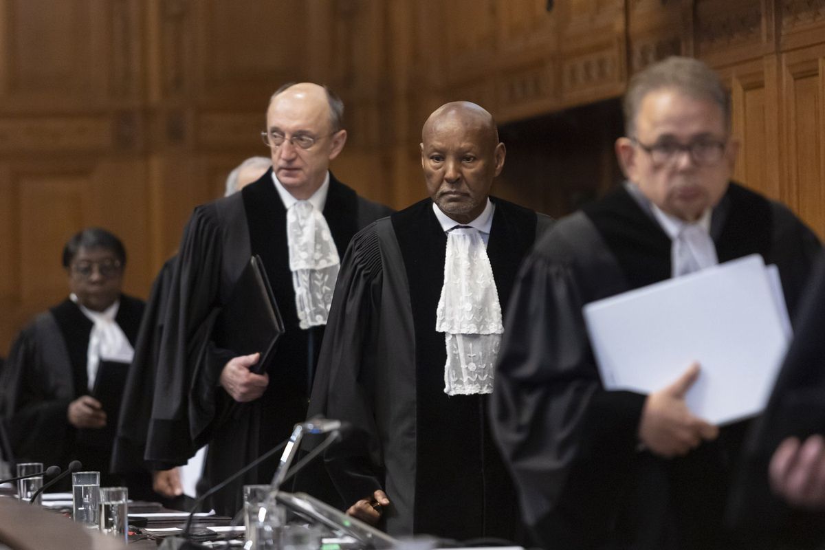 Judges entering the courtroom to attend the hearings on the advisory proceedings of the ICJ on the legal consequences of Israel's practices in Palestine on February 23, 2024.
