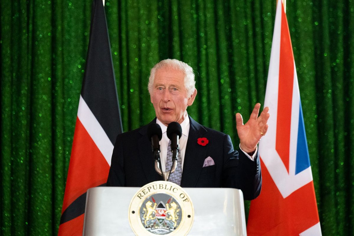 King Charles III gives a speech at a State Banquet hosted by President Ruto at State House, along with distinguished guests from Kenya and the United Kingdom on October 31, 2023 in Nairobi, Kenya. 