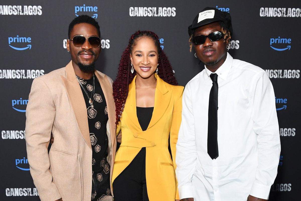 (L to R) Stars Tobi Bakre, Adesua Etomi and Zlatan Ibile at the UK Premiere of Prime Video’s first African original movie "Gangs Of Lagos" at Battersea Power station on April 11, 2023 in London, England.