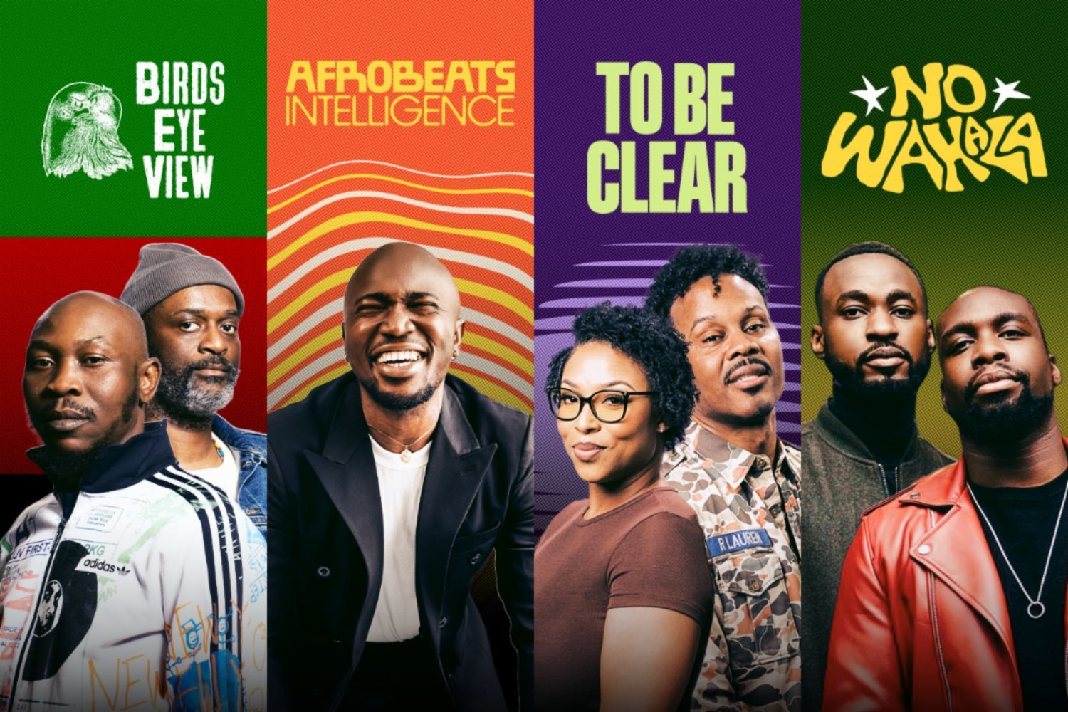 A collage of the show header images for ‘Bird’s Eye View’, ‘Afrobeats Intelligence’, ‘To Be Clear’ and ‘No Wahala’.