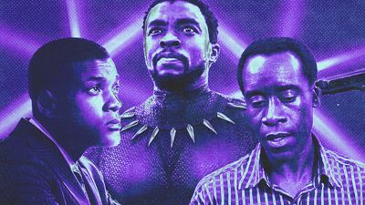 A collaged image of Chadwick Boseman in Black Panther, Will Smith in  Concussion, and Don Cheadle in Hotel Rwanda.