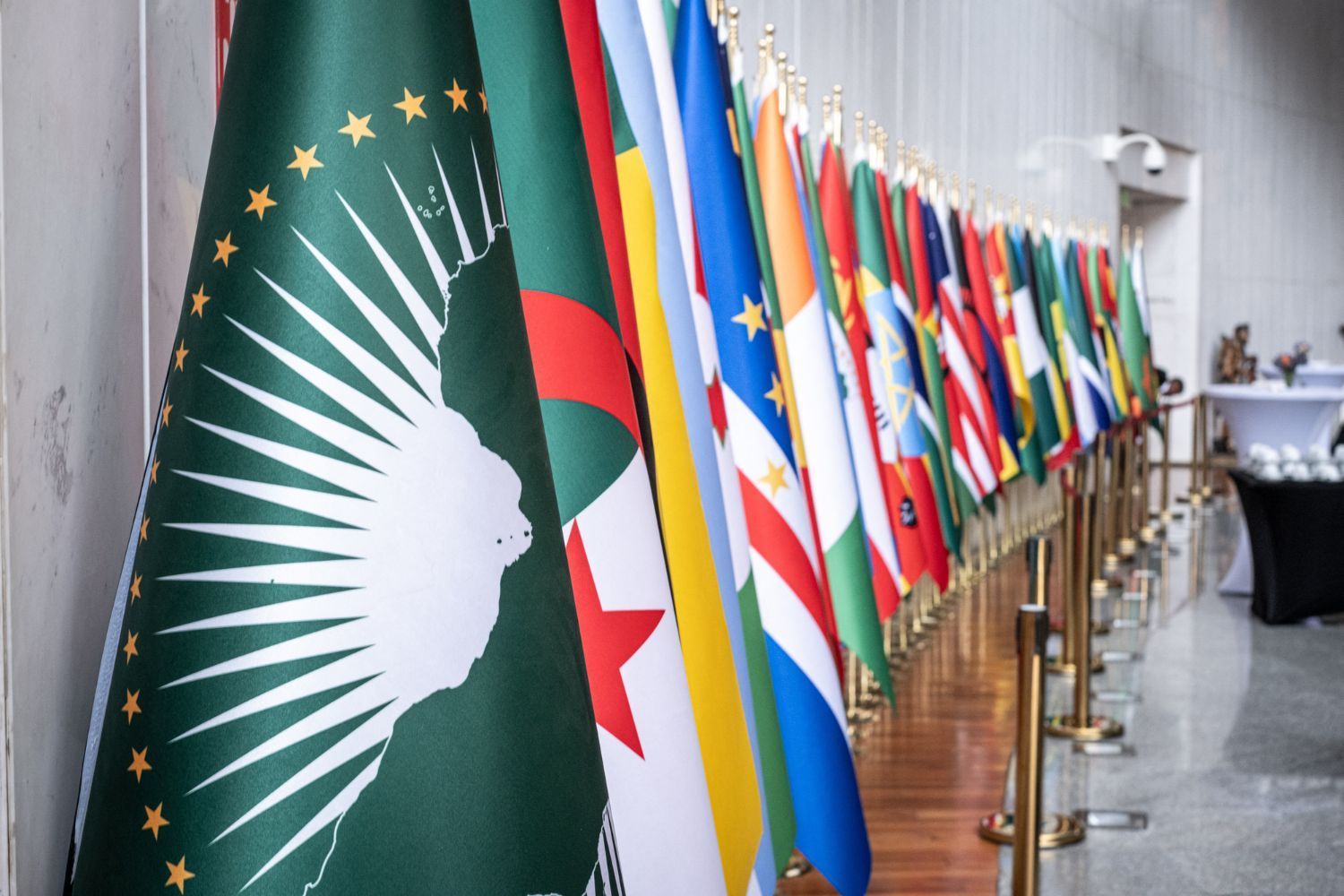 A display of African national flags alongside the African Union flag (foreground, green with a white map of Africa and gold stars), likely at a diplomatic or international event celebrating African unity or cooperation.