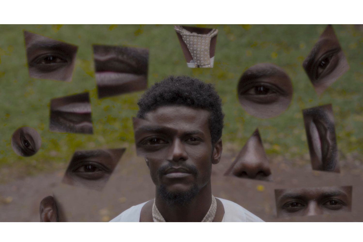 A Sudanese man wearing a white jalabiya and a beige tie is standing in a forest, looking directly at the camera. Parts of his face have been replicated and collaged all over the picture. 